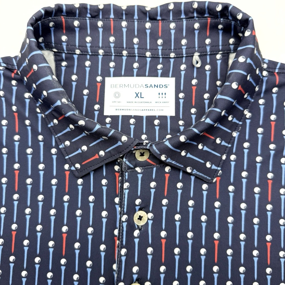Bermuda Sands Polo Shirt Men XL Blue Golf Tee Print Escena Golf Club Performance